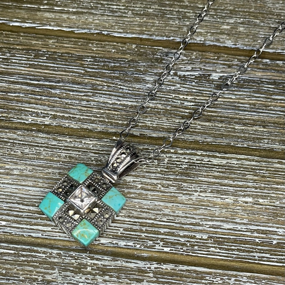 Turquoise Inlay & White Topaz Sterling Silver Pendant Necklace